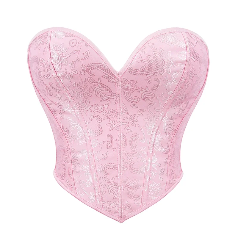 

Short Torso Pink Lace Up Corsets Crop Top Plastic Boned Overbust Brocade Slim Body Shaper Women Sexy Lingerie