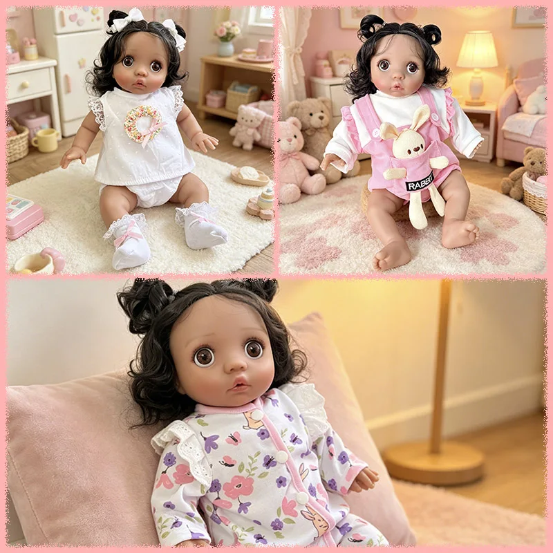 

Multiple Styles Choose 16'' Peeka Reborn Doll Dark Skin Soft Cloth Body Hand-Root Hair Lifelike Toddler Collectible Art Doll