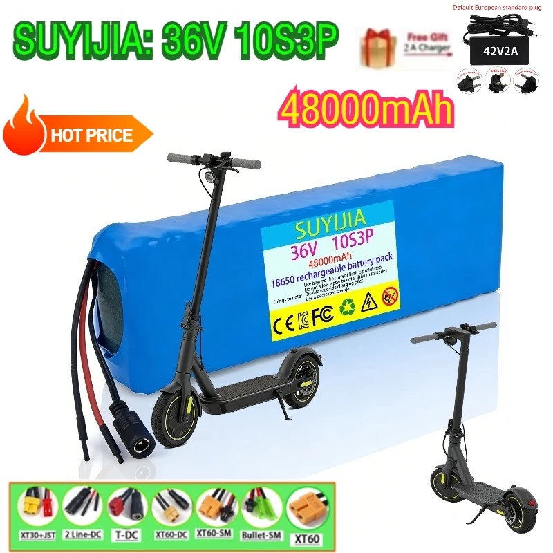 

10S3P 36V 48Ah 18650 Rechargeable Lithium Battery Pack 1000W Power Supply for Electric Bike Scooter Vehicle BMS + 54.6V Charger