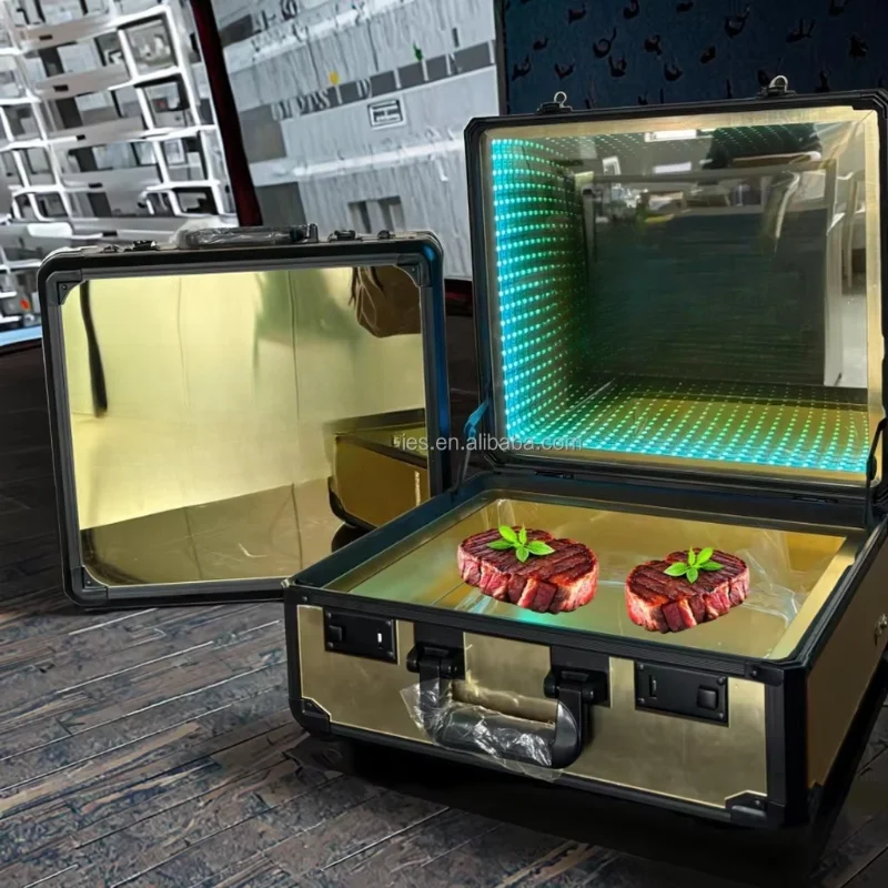 

Custom Logo Lighted Mirror Beef Suitcase Meat Carrier Box Steak Briefcase Glorifier Display Case for Restaurant Steakhouse