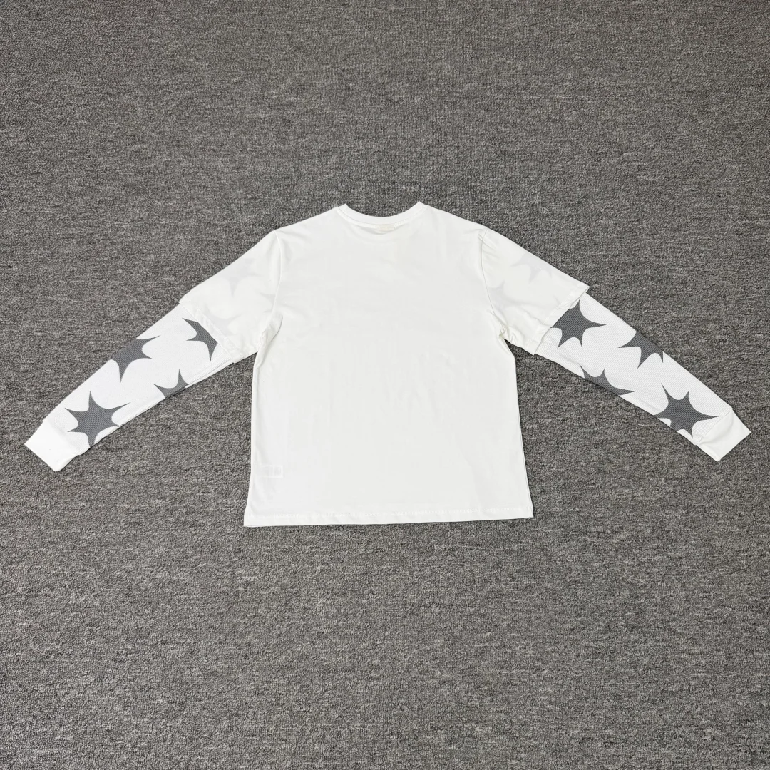 Protect Star Print Layered Fake Two Piece Long Sleeve T Shirt Men Crew Neck Streetwear Top