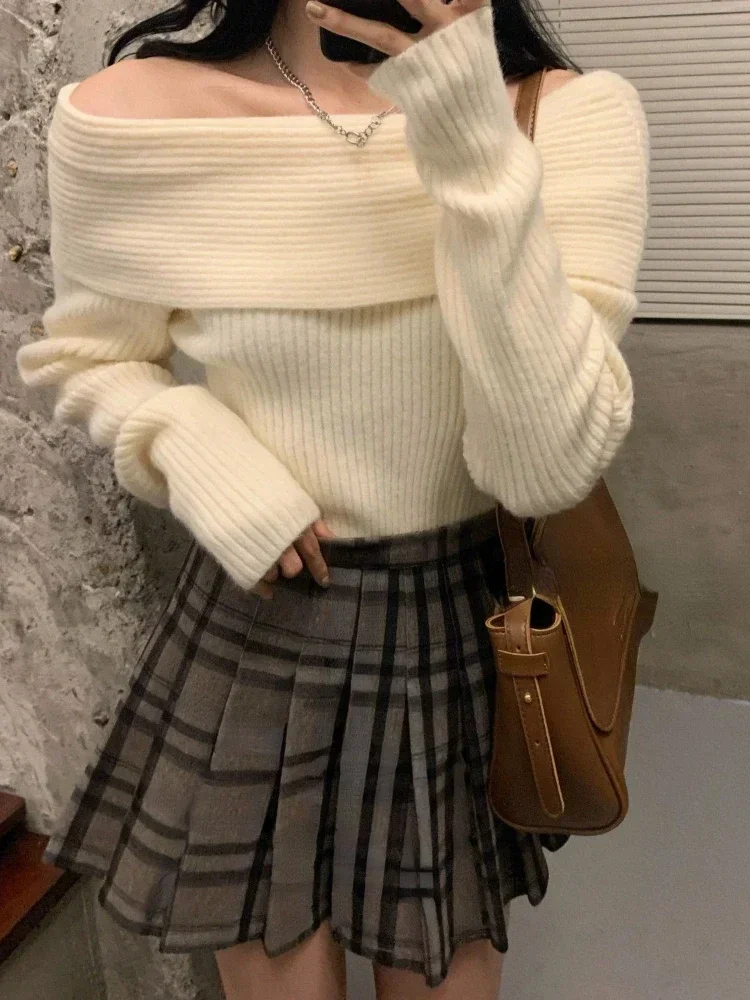

Off Shoulder Knitted Sweater Women Long Sleeve Elegant Pullovers Autumn Winter Pure Color Fashion Sexy Y2k Clothing Tops Korean