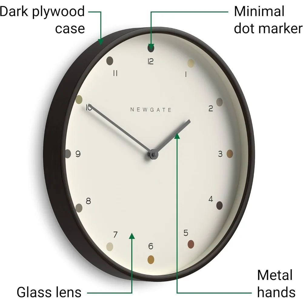 Grande orologio da parete in compensato in stile scandinavo |   Struttura in legno scuro da 40 cm con quadrante a pois di design |   Moderno e minimalista