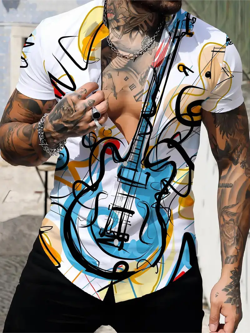 

Drum Set Music Guitar 3D Printed Men's Shirts Summer Short Sleeve Button Lapel Shirt Casual Vacation Resorts Novelty Pajamas Top