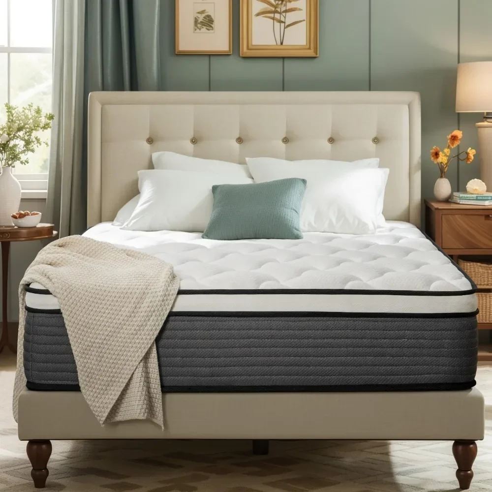 Queen Mattress, 12 Inch Pillow Top Hybrid Mattress in A Box Medium Firm Fiberglass-Free, Soft Breathable Pressure Relief