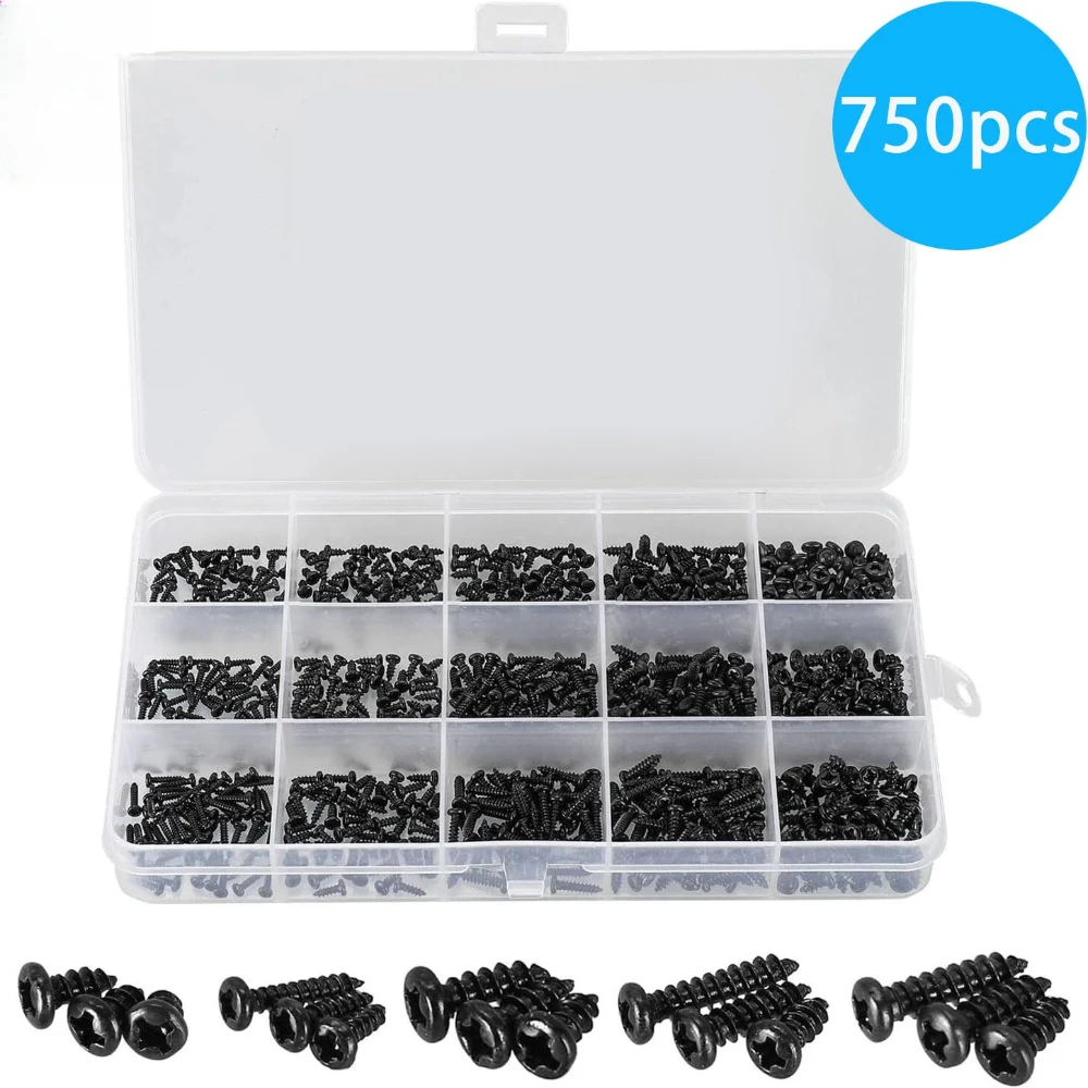 750 Pieces Black Carbon Steel Screws Cross Head/round Head Self-tapping Screws M1.7 M2 M2.5 M3 Screws for Wood & Metal