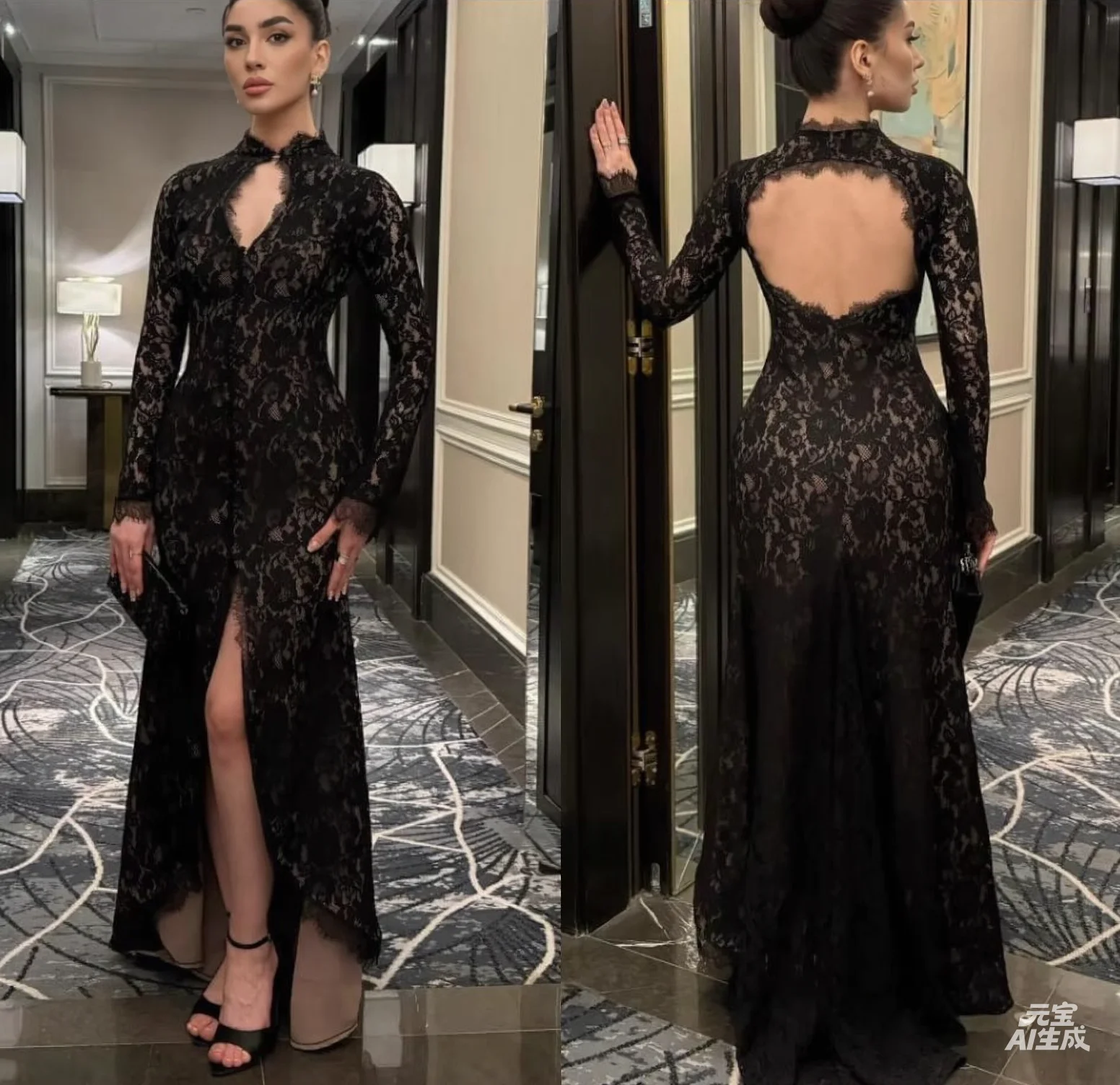 Customized Modern Style Classic Lace Ruched Pleat Column High Collar Long Dresses Bespoke Occasion Dresses Sizes Available Retro