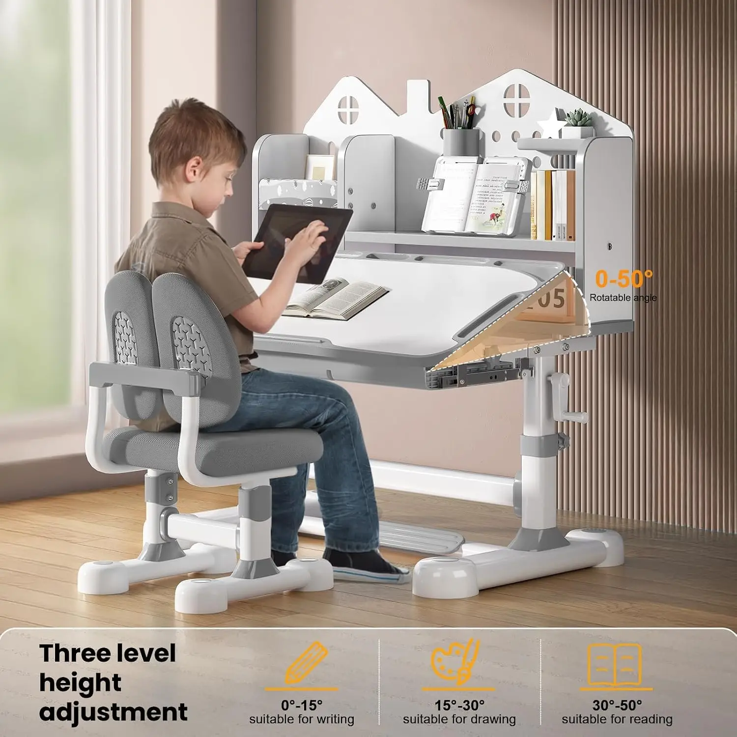 Kids Desk & Chair Set Ergonomic Height Adjustable Study Table for Children 3-12 Years, Customized