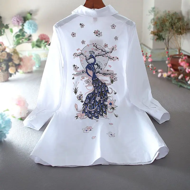 

Ethnic Style Vintage Chinese Trend Embroidered Flowers Mid-length Long-sleeved Slim-fitting Loose Casual Shirt Women's Top