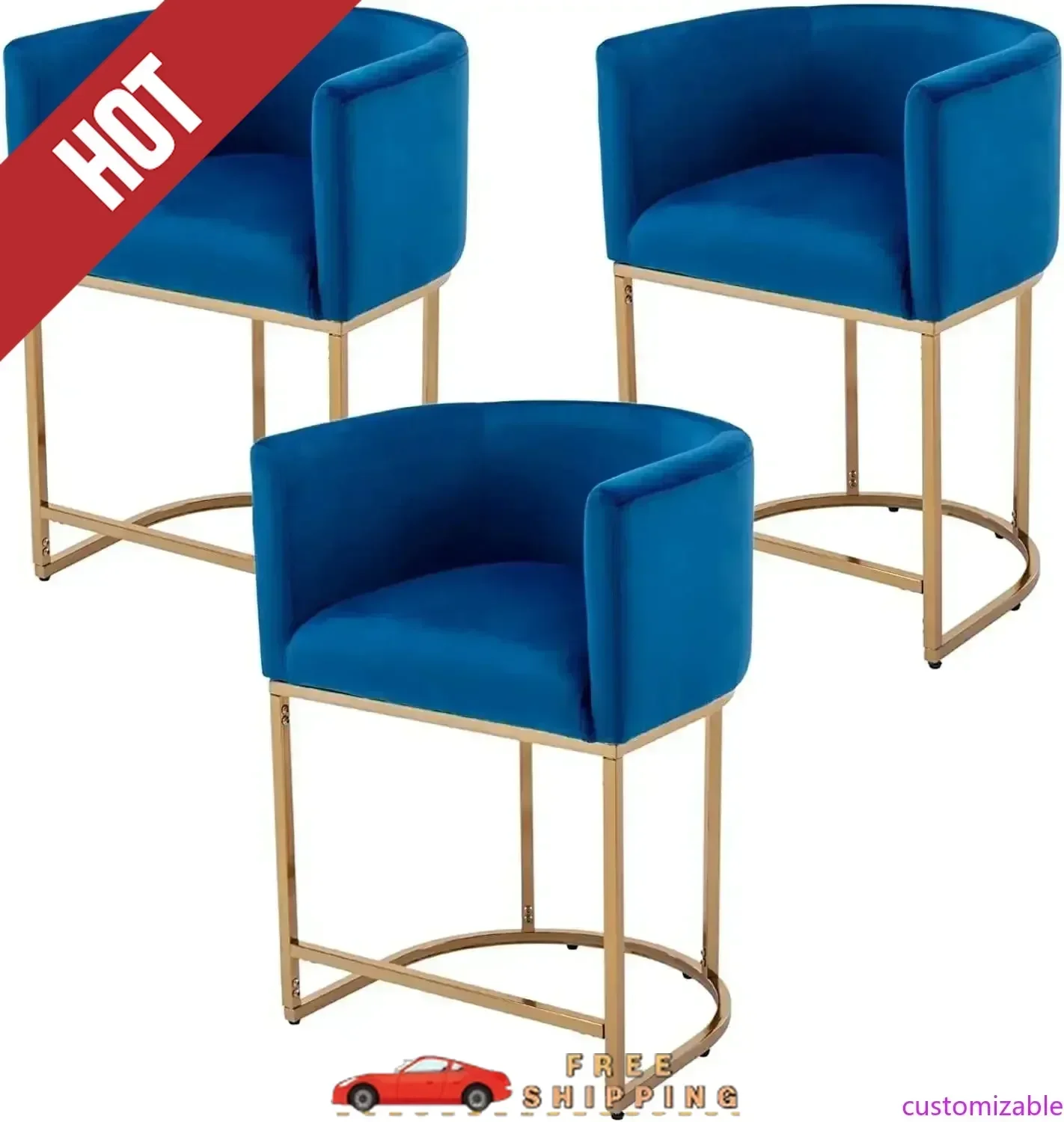 

Набор из 3-х современных барных стульев с синей бархатной обивкой, высотой 24 дюйма, для кухонной стойки/острова, с золотистыми элементами, настраиваемые под заказ
