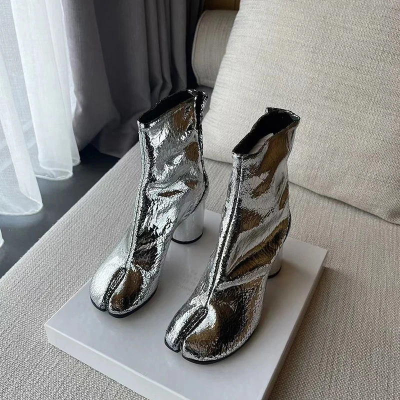 2024 Broken Mirror Silver Split Toe Tabi Shoes Genuine Leaher Ankle Boos for Women Luxury Brand Designer Chunky Heels Booties