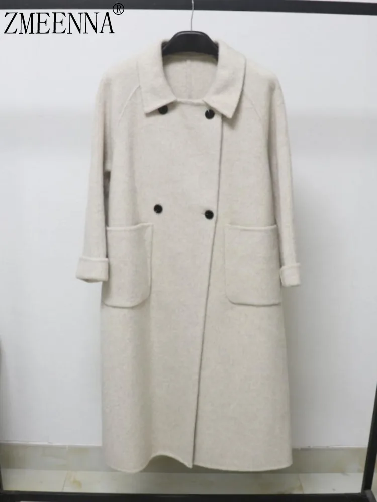 

ZMEENNA Elegant Double Breasted Wool Blend Coat For Women With Notch Collar Casual Loose Fit Long Sleeve Winter ZM3983