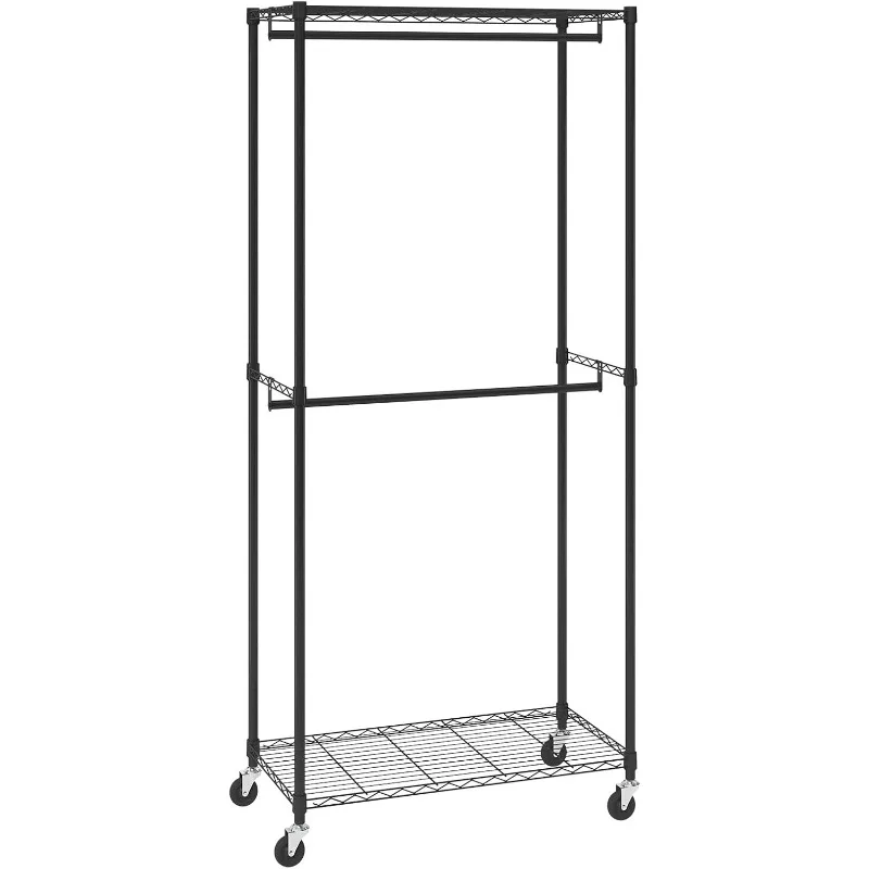 

Heavy Duty Clothes Rack, Double Hanging Rods Clothing Garment Rack with Bottom and Top Storage Tier, Rolling Clothing Rack