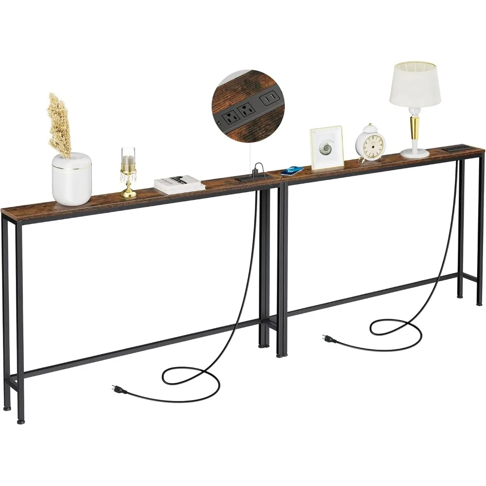 

94.4" Long Console Table with Charging Station, Sofa Table with 2 Power Outlets & 2 USB Ports, Metal Frame, with Extension Cord,