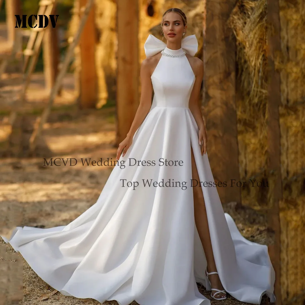 ชุดแต่งงานผ้าซาตินแบบเปิดหลัง MCDV พร้อมโบว์ ชุดเจ้าสาวงานพรอม ชุดราตรีทรงเอ ชุดงานเลี้ยง ชุดแต่งงาน 2025 แบบสั่งตัด