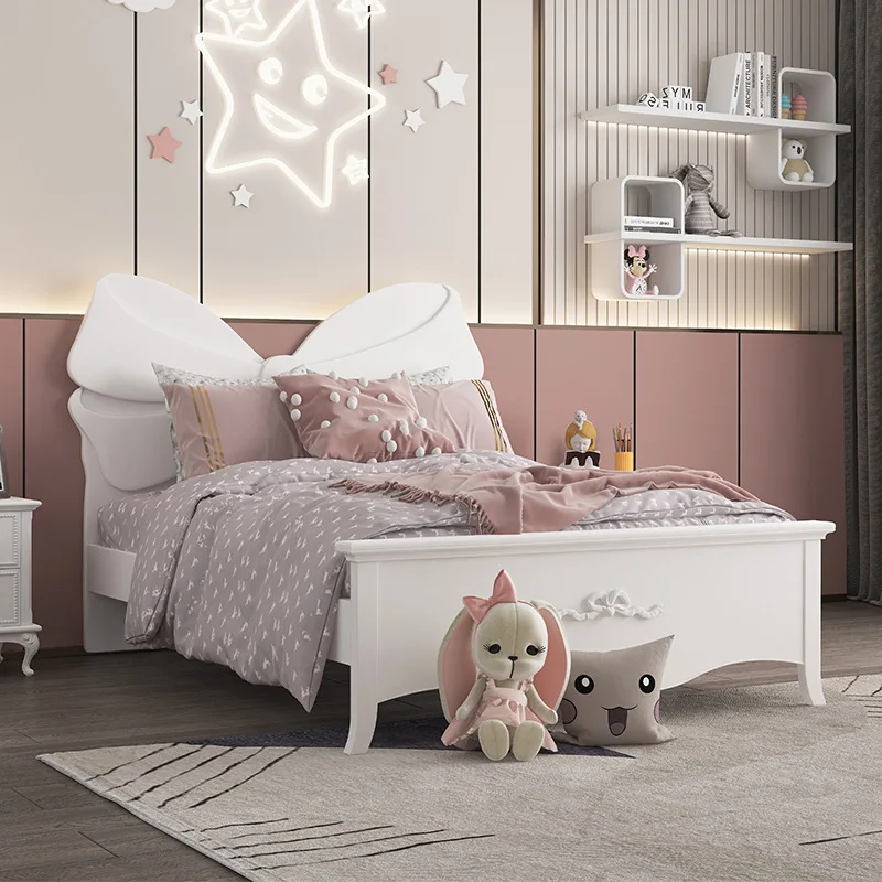 Bowknot princess bed girls dream ins net red single European children's room furniture girls solid wood child bed