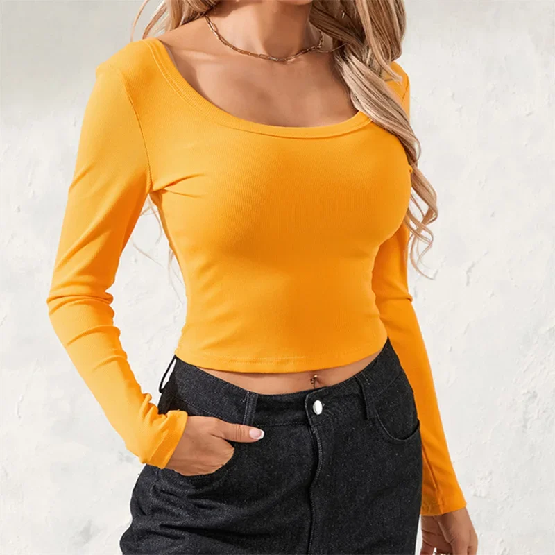 Women Wild Crop Tops Solid Color Ribbed Scoop Neck Long Sleeve T-Shirts Shirts Orange Halloween Costume 2024 Autumn