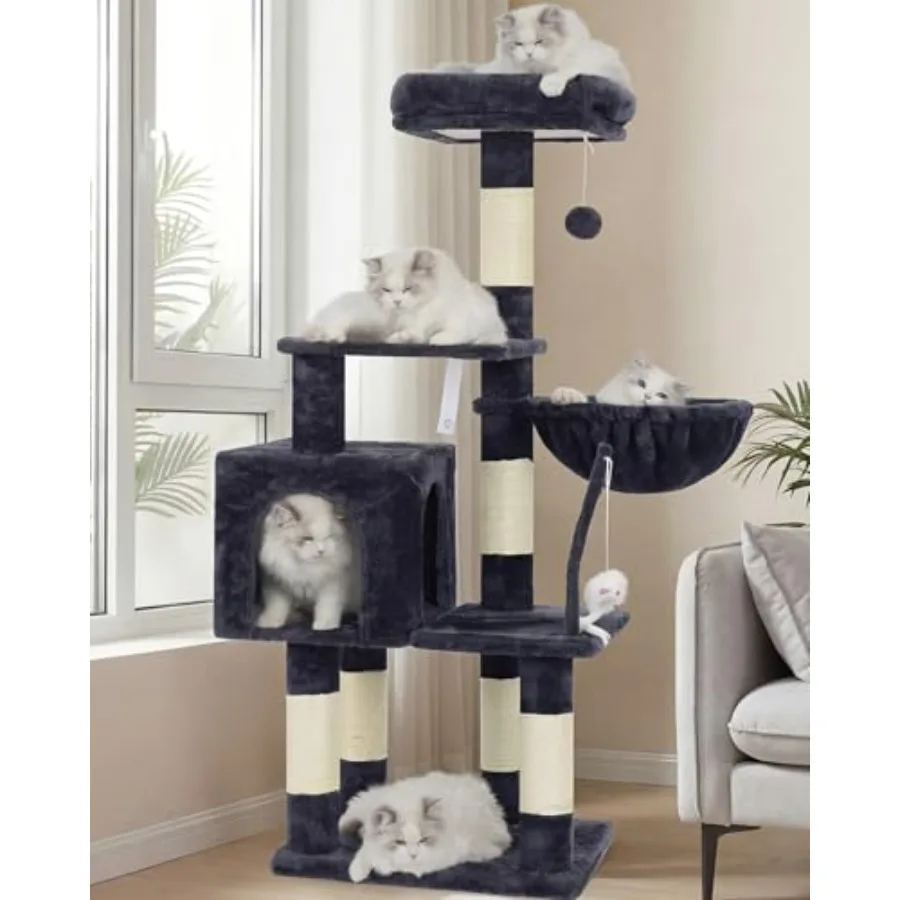 

Кошачья лежанка-когтеточка с игрушками, домик-башня для кошек, домик для кошек с мягкой плюшевой подушкой, уютный гамак и сизалевые когтеточки HCT