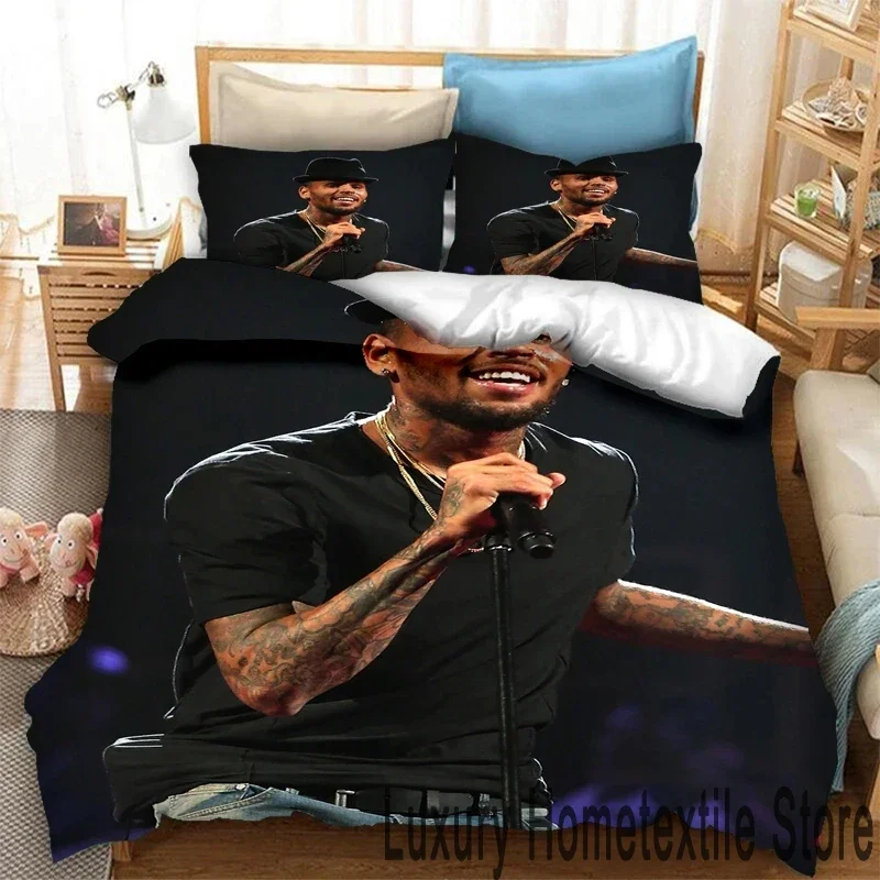 Juego de cama con estampado 3D de rapero Chris Brown, funda nórdica, funda de edredón, funda de almohada, King Queen, tamaño doble, niños, niñas y adultos