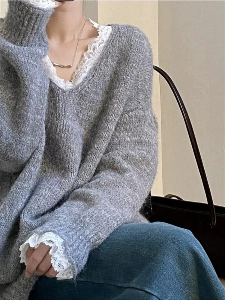 

New Autumn Fashion Loose Elegant Pullover Knitted Top Winter V-neck Lace Women's Long Sleeve Sweater Solid Color Casual Knitwear