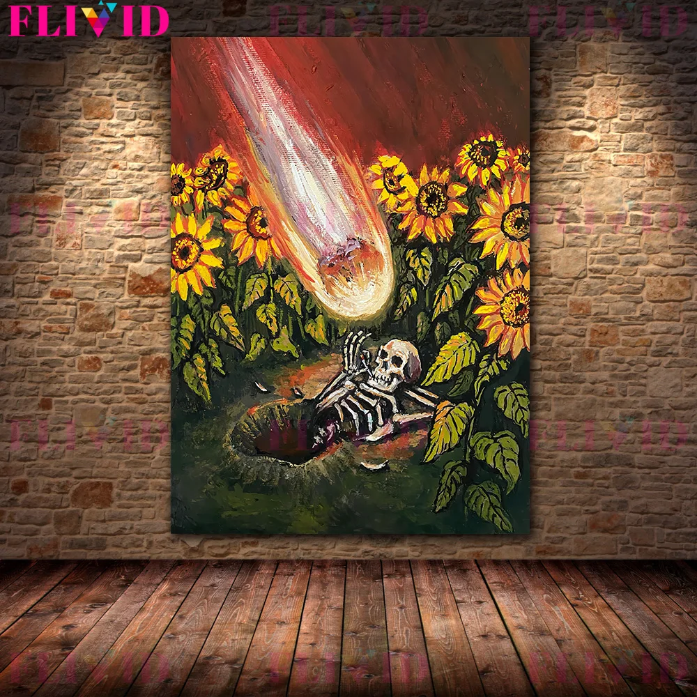 Sunflower Field And Lonely Skeleton Vintage Wall Art Canvas Painting Sweet Skeleton Lover Art Poster And Print Home Decoration