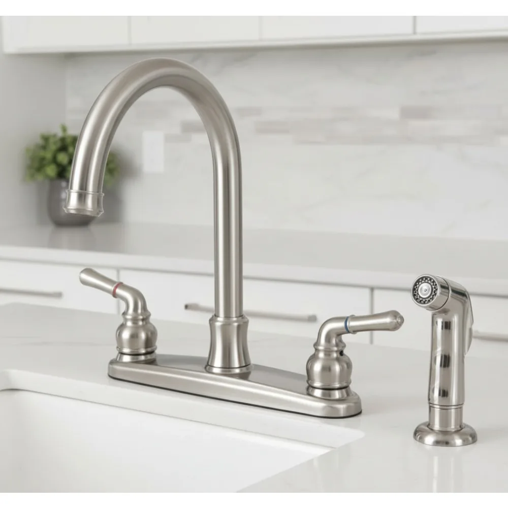 

8-Inch Centerset Kitchen Faucet with Sprayer, Brushed Nickel Finish, High Flow Rate for Modern Homes