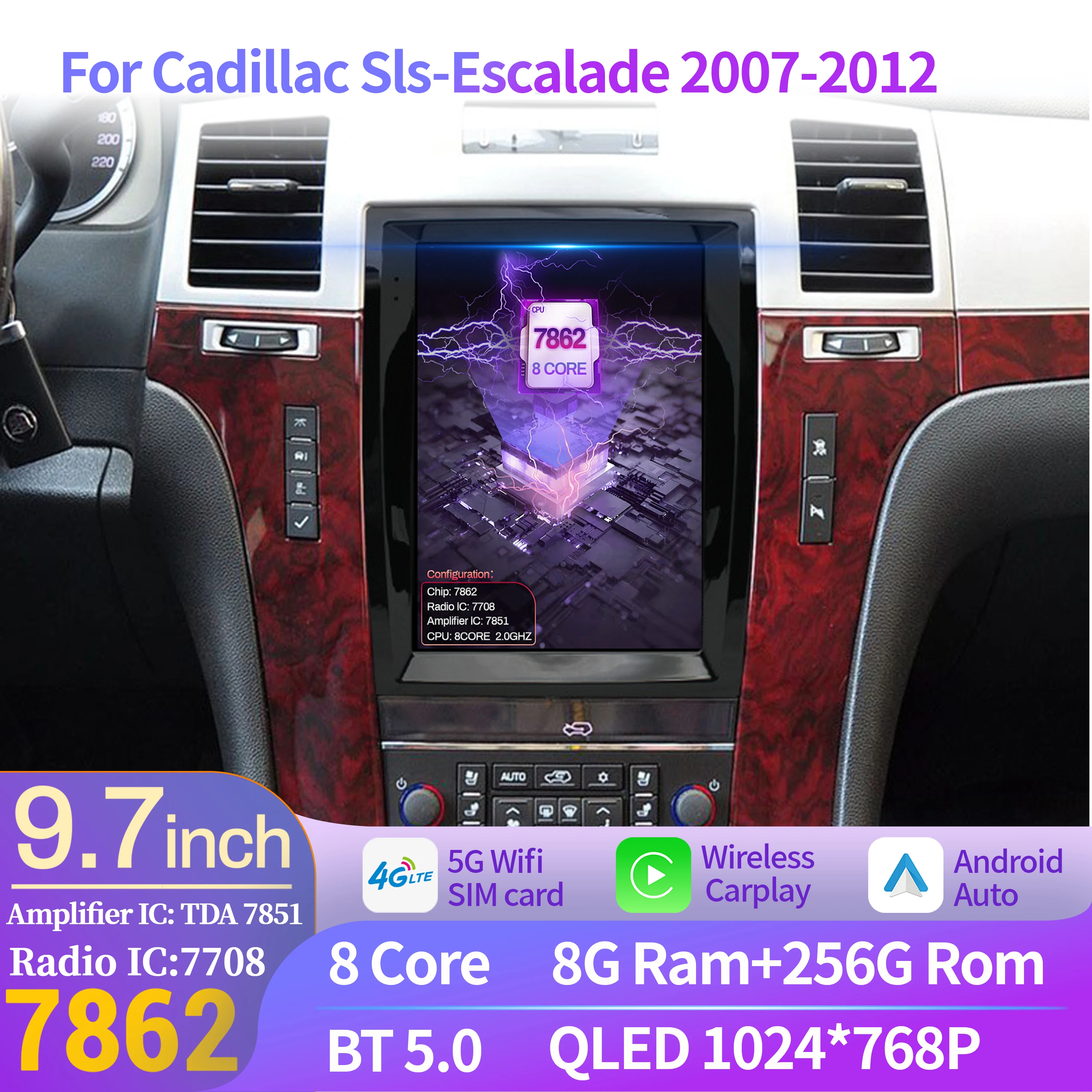 9,7 "Android 14 para Cadillac Sls-Escalade 2007-2012 navegación estéreo Multimedia para coche GPS Wifi BT Radio unidad principal pantalla QLED