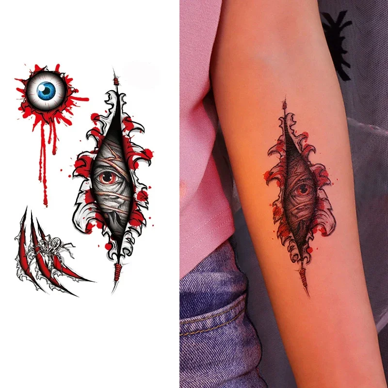 Tattoo Sticker Halloween Terrifying Eye Bleed Scar Element Waterproof Temporary Fake Tatto for Men Women Makeup Body Art