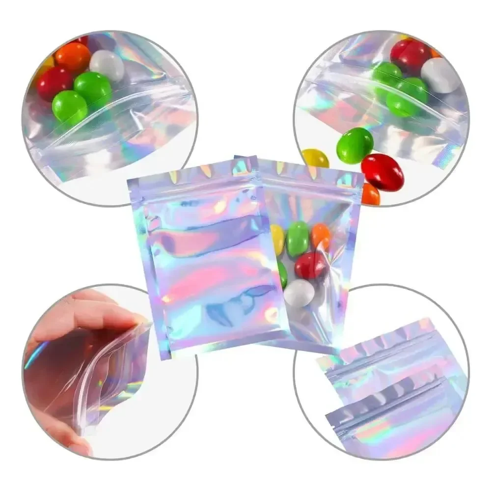 100PCS Holographic Bag Laser Rainbow Pattern Self Sealing Candy Bag and Front Window Sample aluminum foil plastic bag