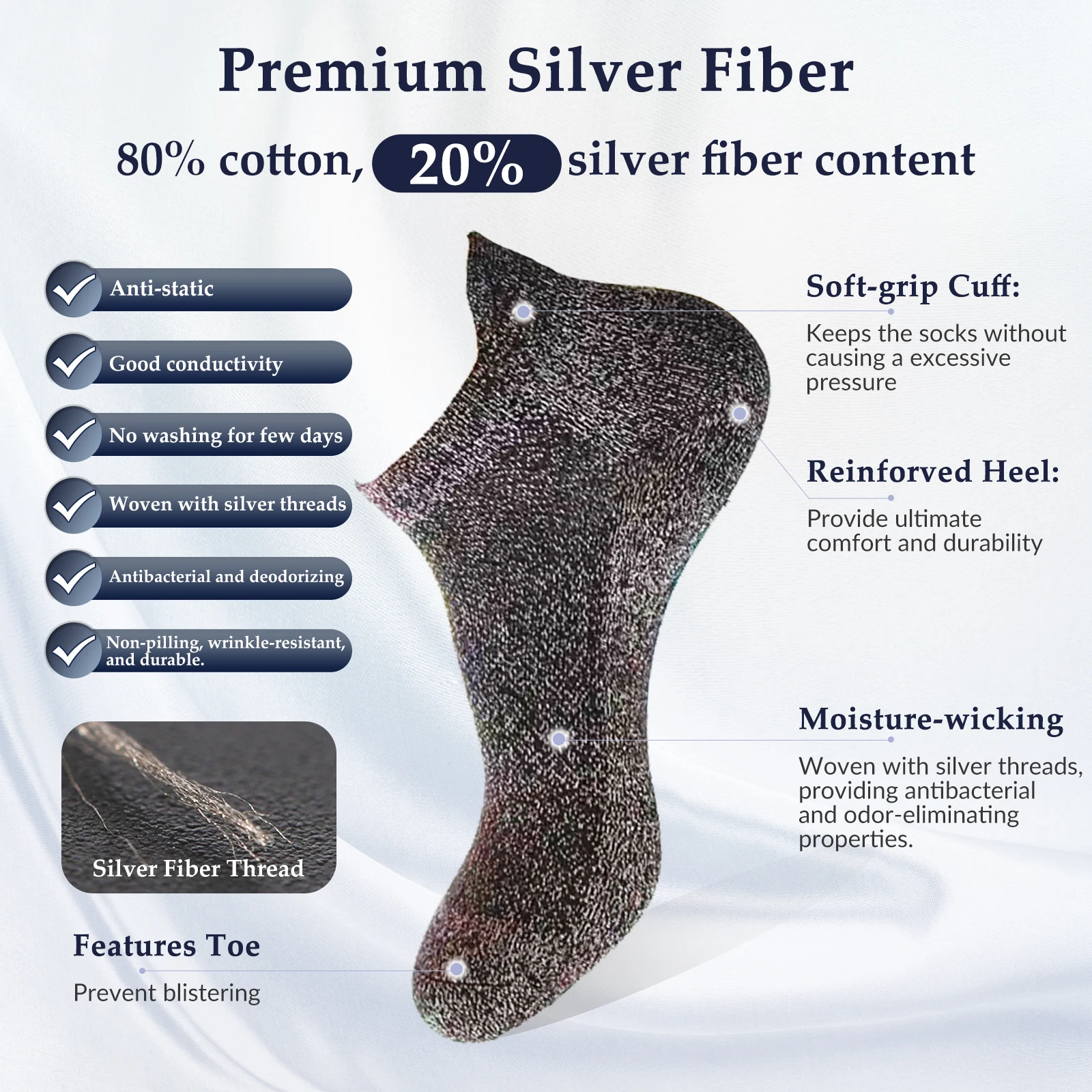 코튼 실버 주입 양말, 전도성 접지 양말, 항균 및 습기 위킹 쿼터, 남성용 양말, 6 쌍