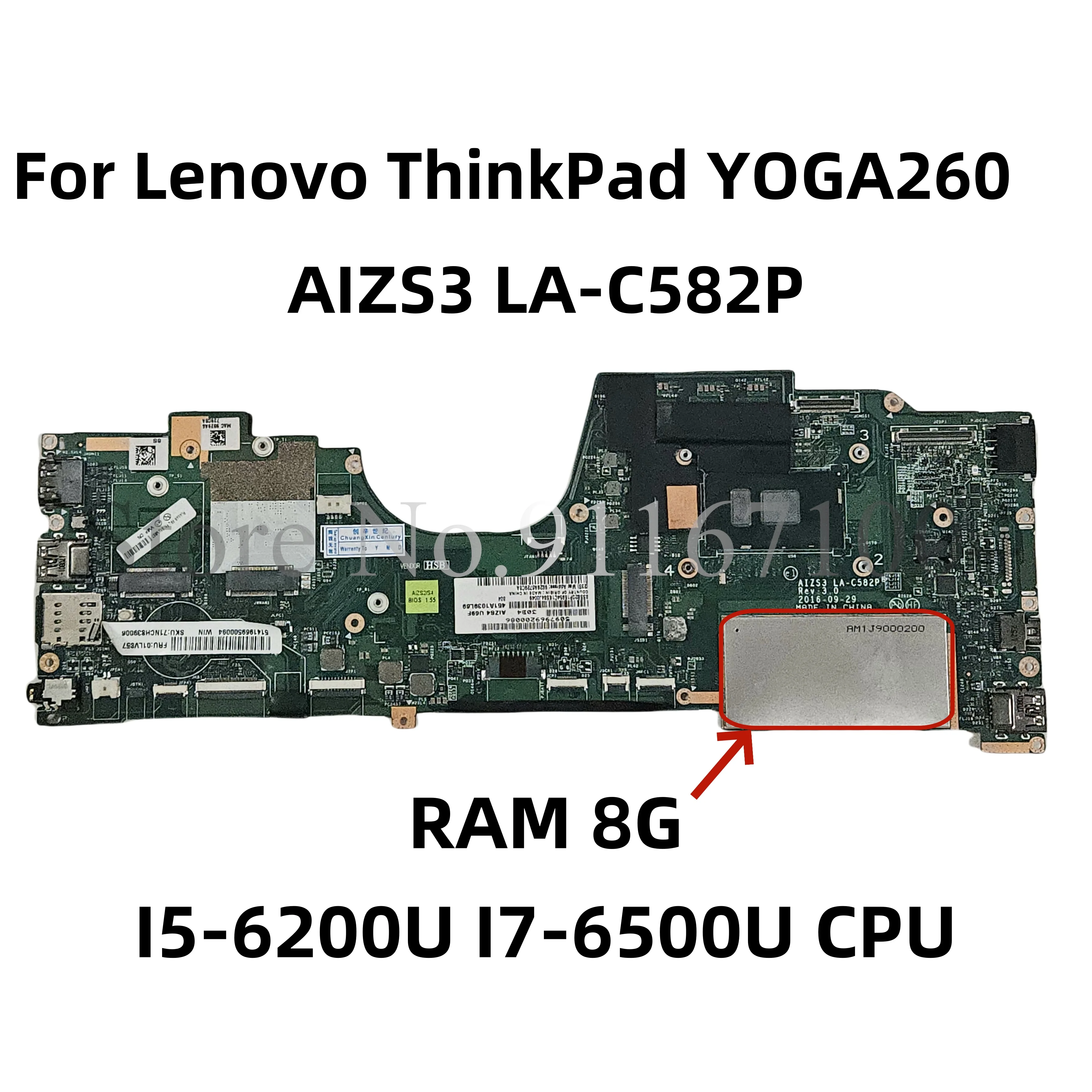 

00NY978 AIZS3 LA-C582P For Lenovo ThinkPad YOGA260 Yoga 260 Laptop Motherboard With CPU I5-6200/6300U I7-6500/6600U 8G Mainboard