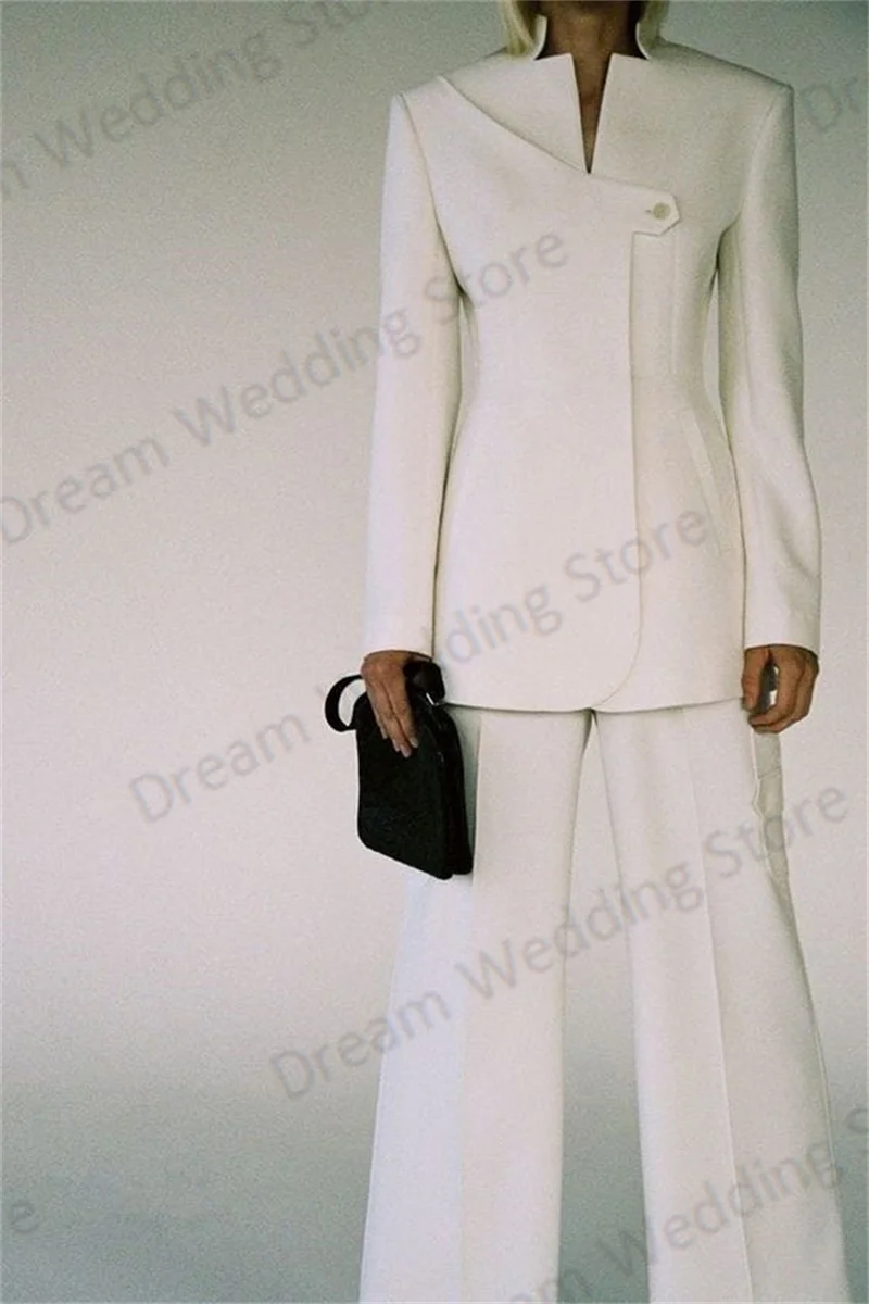 White Women Suit 2 Pieces Blazer+Wide Leg Pants Formal Wedding Tuxedos Fashion One Button Jacket Customized Party Prom Dress