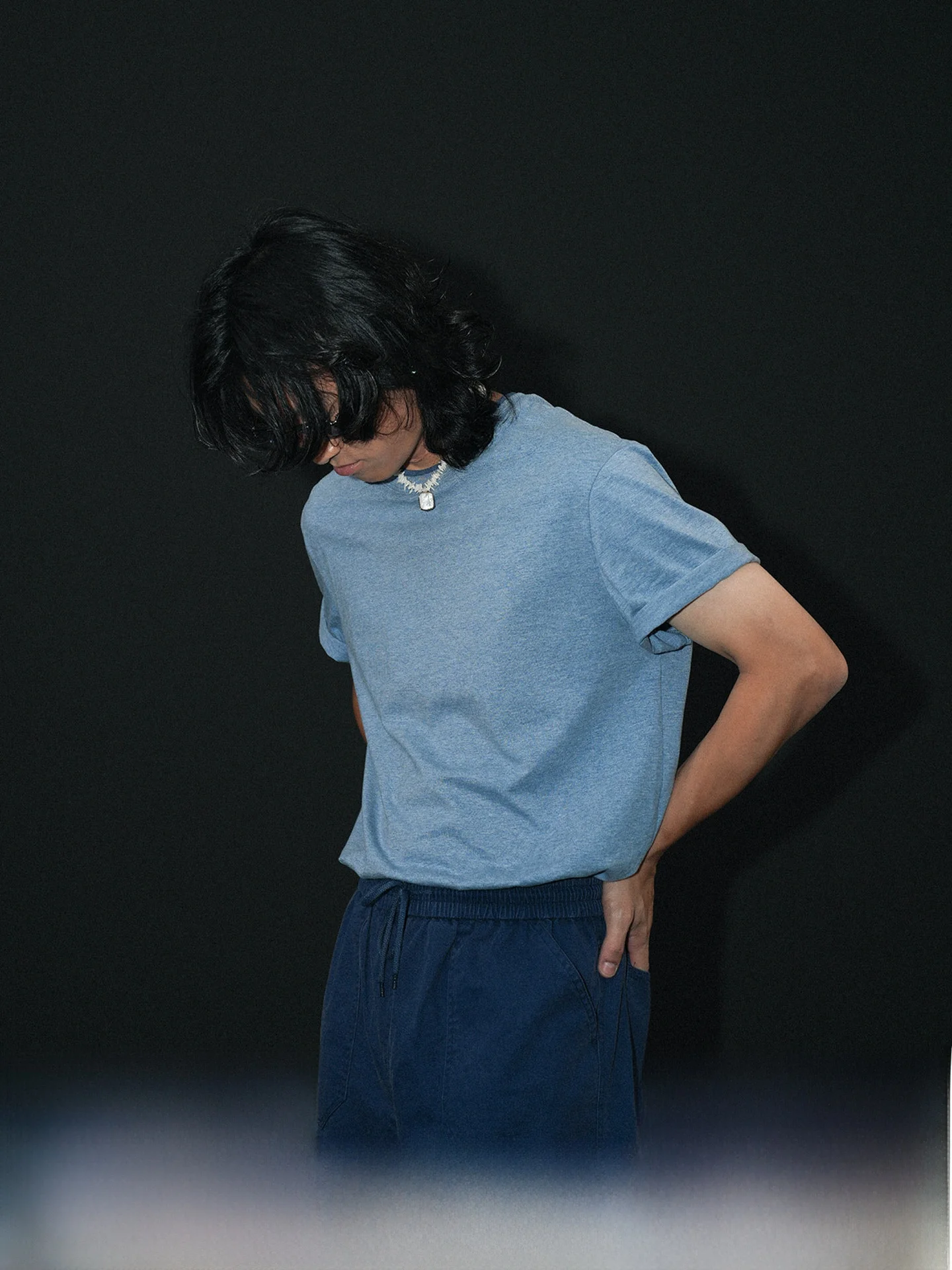 O3PARK New Style Micro Loose Versatile Commute Pure Color Short Sleeve Pure Cotton Denim Blue round Neck  Color T-Shirt
