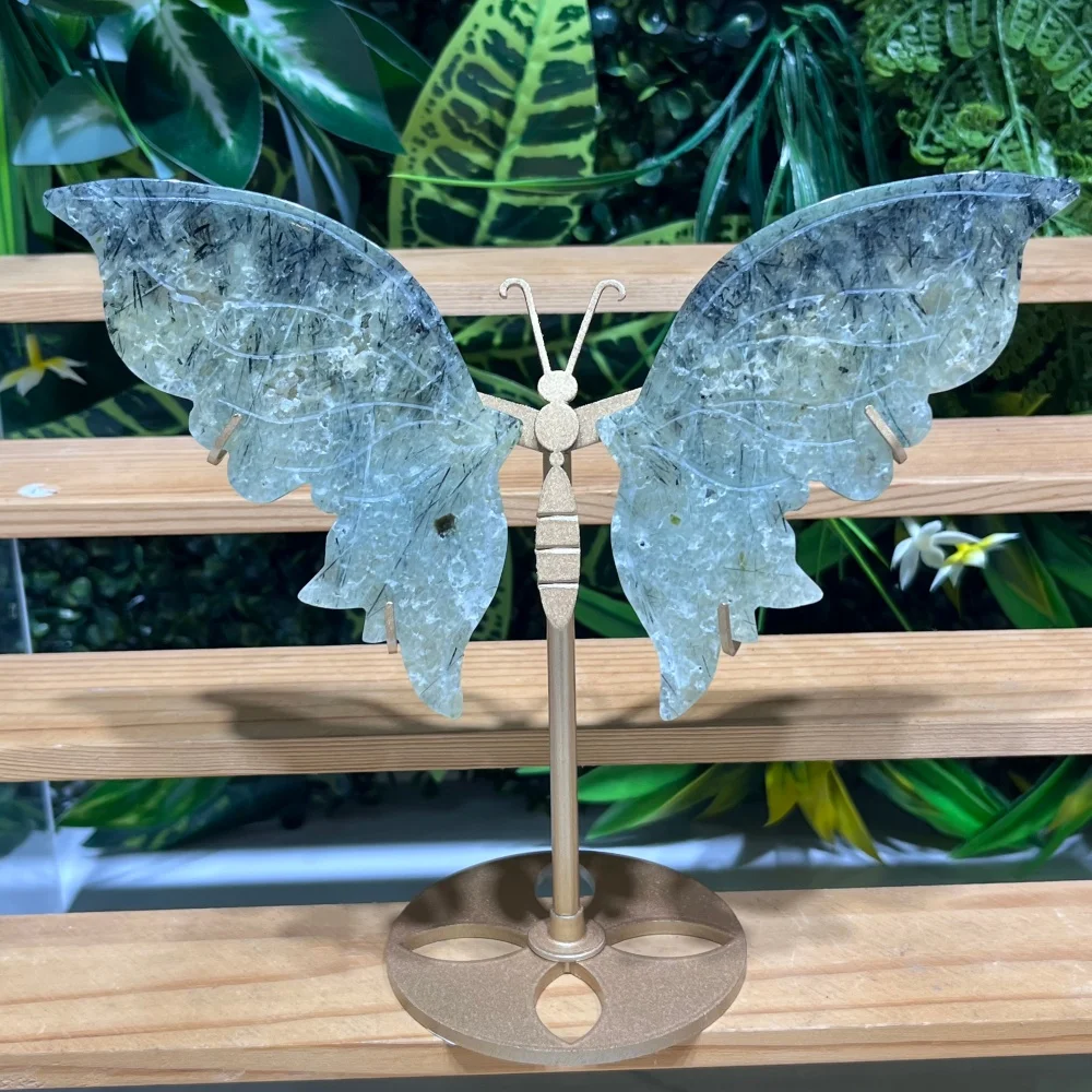 Natural Prehnite Butterfly Wings Statue with Metal Stand Crystal Butterfly Figurine Reiki Healing Stone Home Desk Ornament