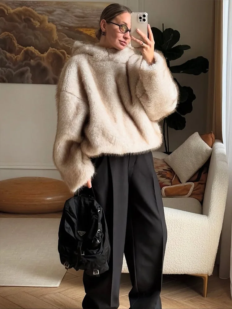 Original Light Luxury Faux Fur Hooded Coat Autumn and Winter Women's Thick Warm Snow Travel Date Vacation Casual Pullover Jacket