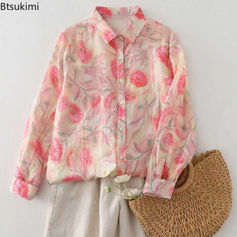 

2026 Women's Cotton Linen Floral Print Shirts French Style Elegant Casual Blouse Spring Loose Button Long Sleeve Pink Shirt Tops