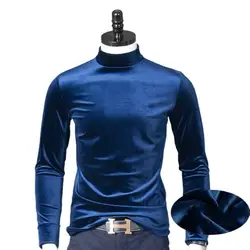Turtleneck Velvet Tops Men Long Sleeve T Shirts Solid Color 2026 spring Autumn Velour T-Shirts Plus size Basic Shirt M-7XL