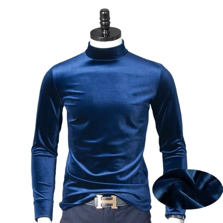 Turtleneck Velvet Tops Men Long Sleeve T Shirts Solid Color 2024 spring Autumn Velour T-Shirts Plus size Basic Shirt M-7XL