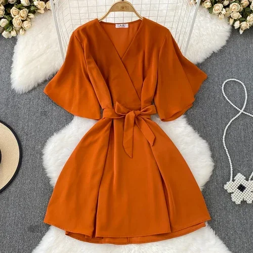 

Vestidos Para Mujer Flare Sleeve Bow Bandage Solid V Neck Sexy Women Dresses Korean Fashion Summer Dress Elegant