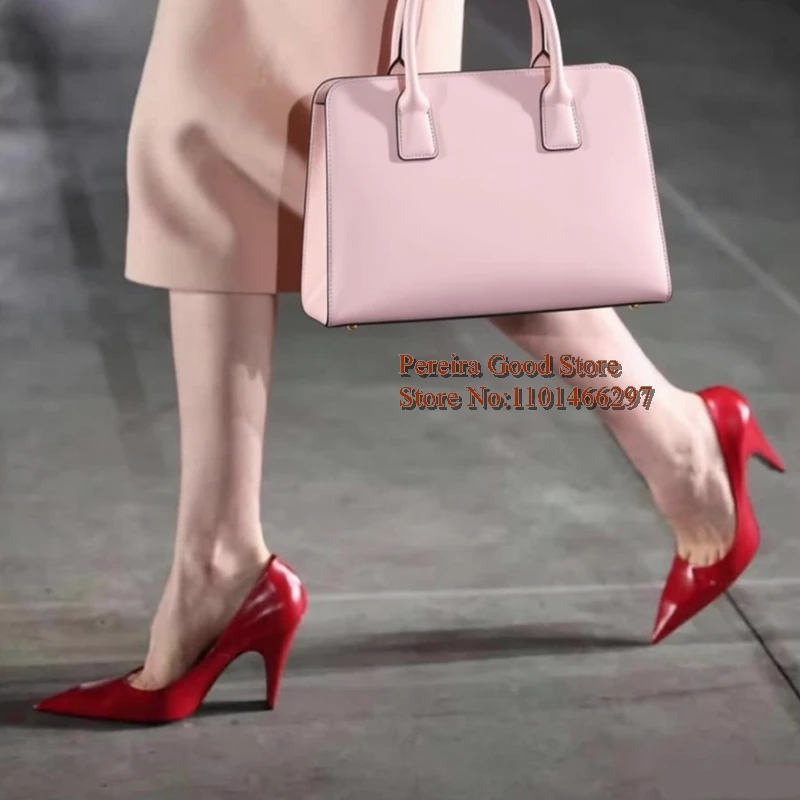 Red Matte Pointed Toe Slip On Women Pumps Strange Block Heels Short Banquet Evening Dress Shoes Black Brown Leather Shoes