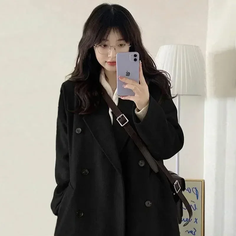 Autumn Winter Women Thick Long Coats Double-breasted Elegant Jackets Fashion Streetwear Solid Color Female Vintage Outerwear