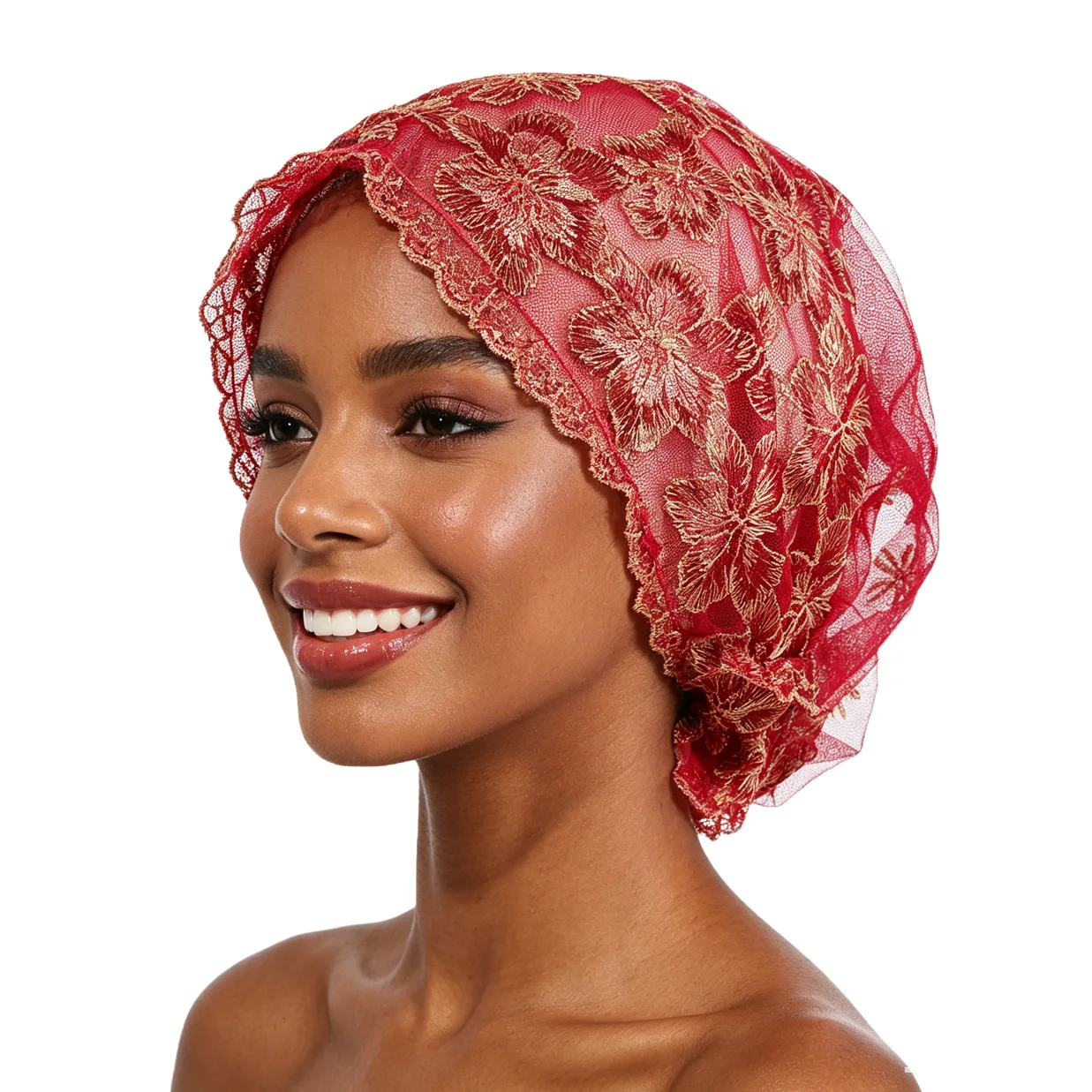 Women'S Floral Color-Block Embroidered Lace Headscarf Hat Double-Layer Mesh Headscarf See-Through Hollow Cap For Everyday Wear