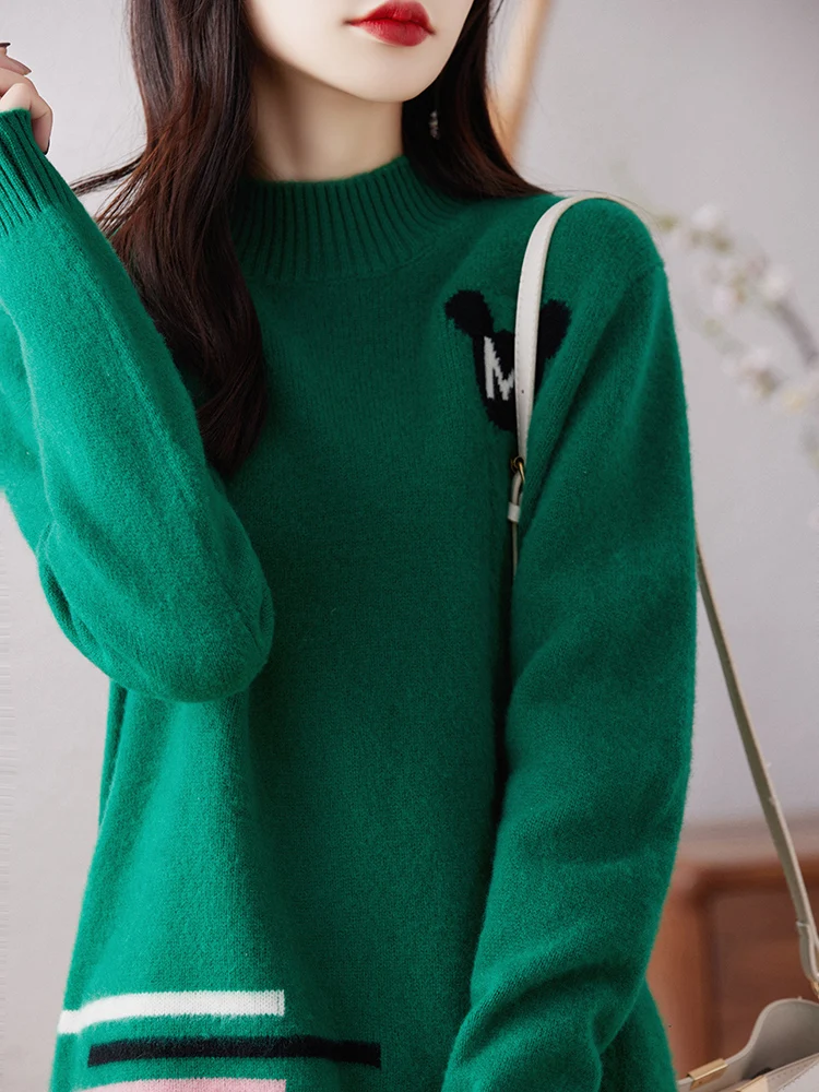 

Women Mid-long Sweaters 100% Merino Wool High-quality Soft Wool Long Sleeve Half-high Collar Pullovers Autumn Winter Female Tops