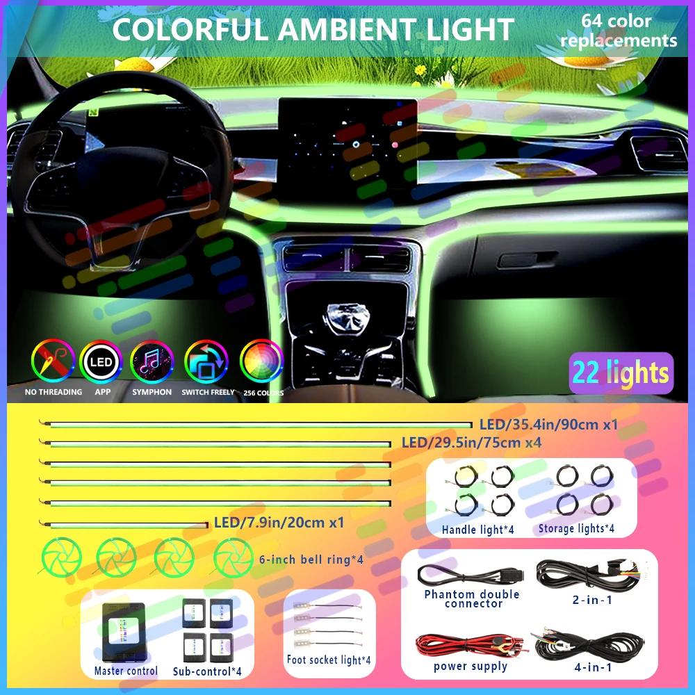 Car environmental light LED acrylic neon RGB Rainbow Rhythm symphony atmosphere light use time 100,000 hours! APP control