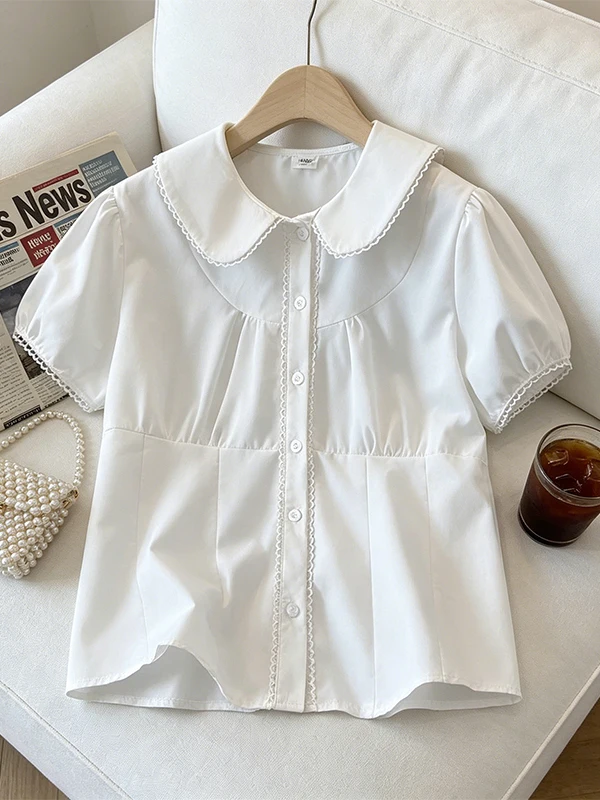 

Summer New Style plus Size White Doll Collar Short Sleeve Shirt Pure T-Shirt Versatile Slimming Top for Young Women