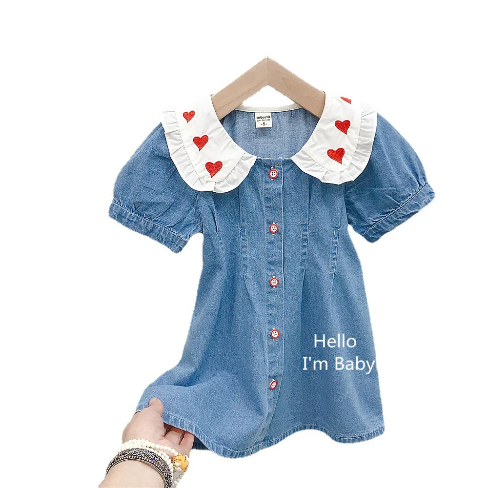 Fashion Kids Girls Denim Dress 2024 Summer Cute Love Print Peter Pan Collar Single-Breasted A-Line Dresses Children Clothing