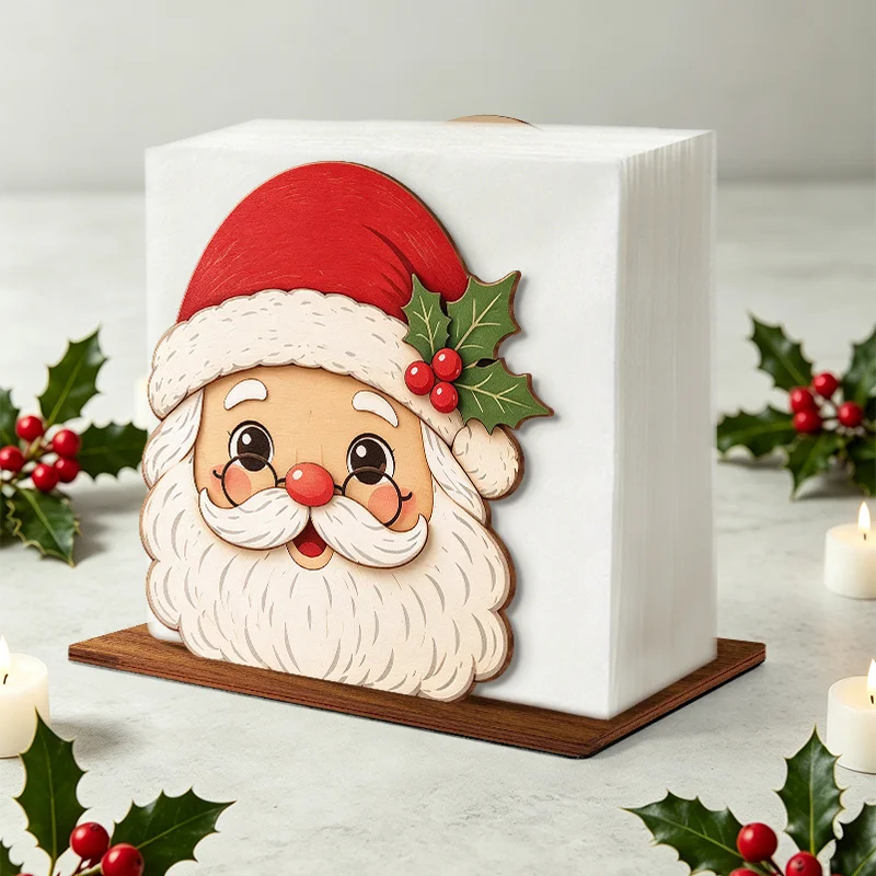 1pc/3pcs Merry Christmas Santa Claus Wooden Napkin Holder, Cute Santa Head & Holly Berry Desktop Desktop Tissue Holder, Xmas
