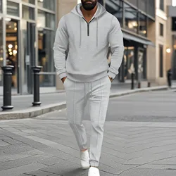 2025 new spring and fall men's casual Waffle solid color small zipper hooded long sleeve pair trousers two men's suit