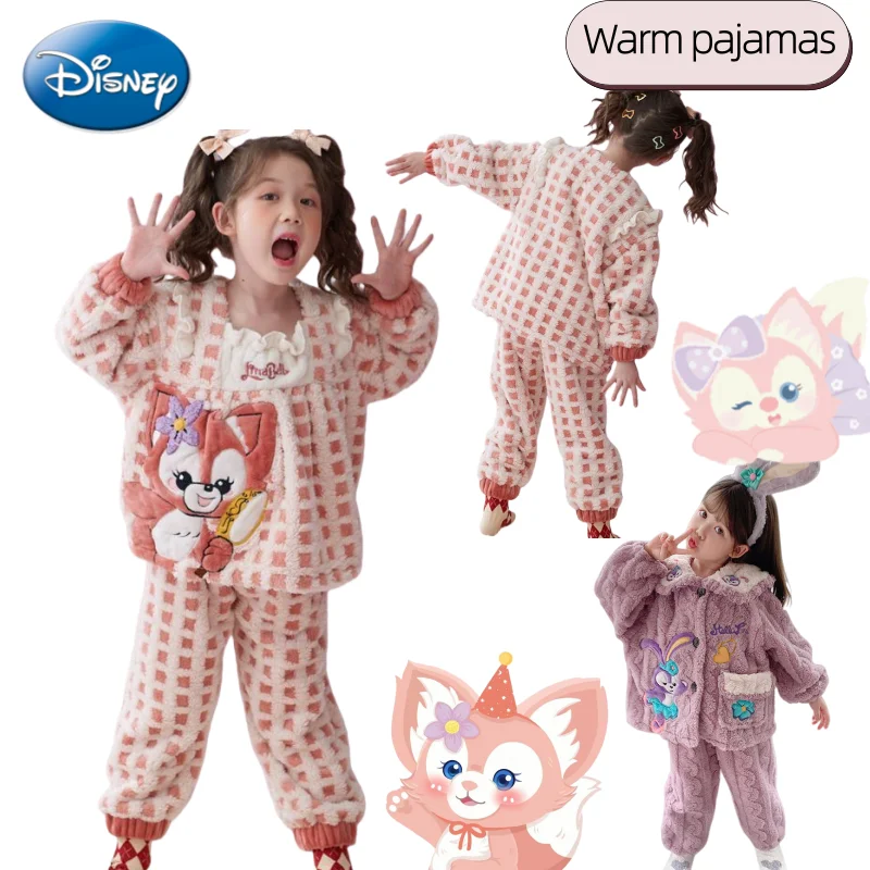 

New Disney LinaBell StellaLou Anime Cartoon Cute Girl Fleece-Lined Thickened Pajama Set, Kawaii Style Warm Loungewear for Girls