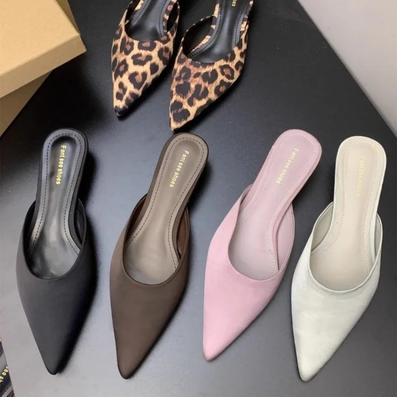 

New Style Luxury Summer Concise Pointed Toe Women Slippers Fashion Thin Low Heels Party Pumps Mules Slide Shoes Zapatos Mujer